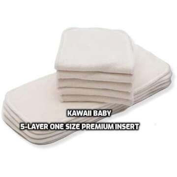 KaWaii Baby One Size Cloth Diaper Inserts 5 Layers Premium Booster Pads, No Microfiber or Fleece Inside, Compatible with One Size Cloth Diaper 8-36 lbs- Pack of 10 Inserts