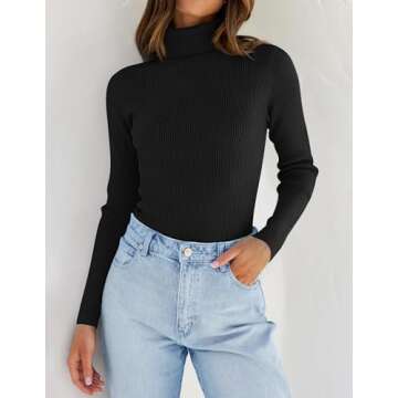 ZESICA Women's Turtleneck Long Sleeve Shirts Spring Basic Tops Slim Fitted Ribbed Knit Sweater,Black...