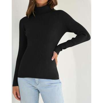 ZESICA Women's Turtleneck Long Sleeve Shirts Spring Basic Tops Slim Fitted Ribbed Knit Sweater,Black,Medium