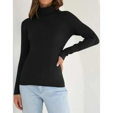 ZESICA Women's Turtleneck Long Sleeve Shirts Spring Basic Tops Slim Fitted Ribbed Knit Sweater,Black,Medium