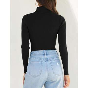 ZESICA Women's Turtleneck Long Sleeve Shirts Spring Basic Tops Slim Fitted Ribbed Knit Sweater,Black,Medium