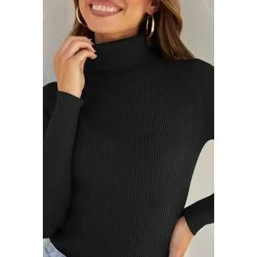 ZESICA Women's Turtleneck Long Sleeve Shirts Spring Basic Tops Slim Fitted Ribbed Knit Sweater,Black,Medium