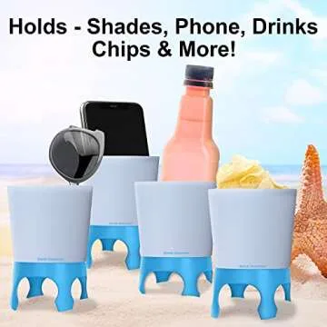Bahoki Essentials Beach Drink Cup Holder - Sand Coaster for Beverage Bottle and Glass - Perfect to Hold Drinks, Snack, Phone, Key or Sunglasses (Blue, 4 Pack)