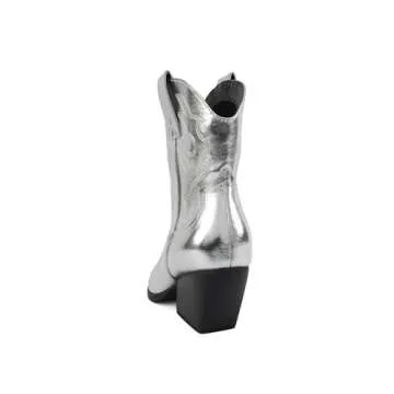 Soda “BLAZING” ~ Women Western Stitched Pointe Toe Low Heel High Top Ankle Shaft Boot Bootie (SILVER METALLIC PU, us_footwear_size_system, adult, women, numeric, medium, numeric_7_point_5)