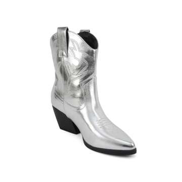 Soda “BLAZING” ~ Women Western Stitched Pointe Toe Low Heel High Top Ankle Shaft Boot Bootie (SILVER METALLIC PU, us_footwear_size_system, adult, women, numeric, medium, numeric_7_point_5)