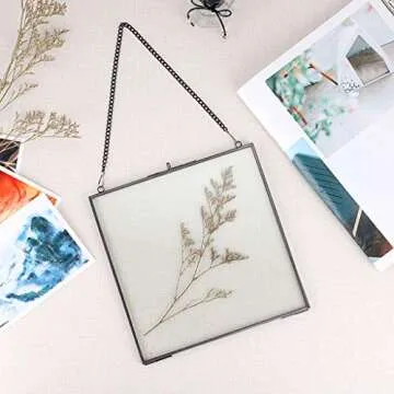 JUXYES Square Brass Wall Hanging Photo Frame, Glass Hanging Picture Artwork Display Frame, Double Glass Floating Frame Style Gallery Wall Frame for Picture, Poster, etc (20cm x 20xm, Black)