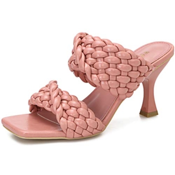 WSKEISP Women's Braided Heels Sandals Square Stiletto Mules Slip On Open Toe Backless Heeled Slipper...