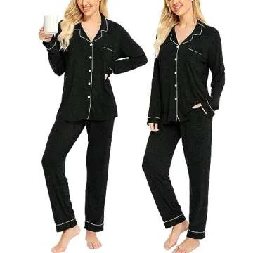 SWOMOG Womens Pajamas Set Long Sleeve Sleepwear Button Down Nightwear Soft Cotton Pj Lounge Sets with Pockets Black