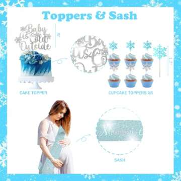 127 PCs Baby It’s Cold Outside Baby Shower Decorations for Boy, Fiesec Winter Wonderland Baby Shower Backdrop Balloon Garland Arch Glitter Banner Cake Topper Sash Snowflake Confetti Blue Silver