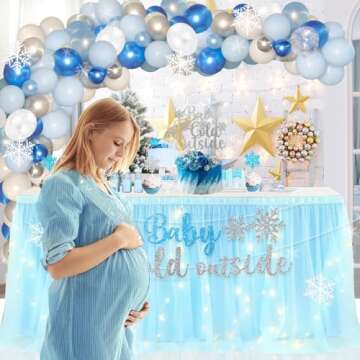 127 PCs Baby It’s Cold Outside Baby Shower Decorations for Boy, Fiesec Winter Wonderland Baby Shower Backdrop Balloon Garland Arch Glitter Banner Cake Topper Sash Snowflake Confetti Blue Silver