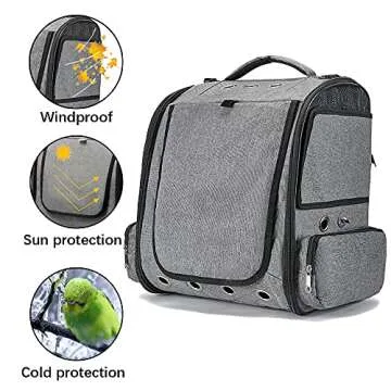 Bird Carrier Backpack Travel Parrot Bag Cage with Perch Stand for Parakeets Cockatiels Birdcage Vet Car Airlines Airplane Plane Approved Mesh Breathable Lightweight Conure Finches Outside (Grey)