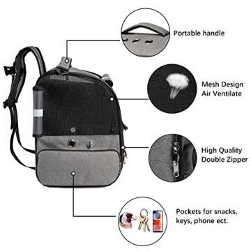 Bird Carrier Backpack Travel Parrot Bag Cage with Perch Stand for Parakeets Cockatiels Birdcage Vet Car Airlines Airplane Plane Approved Mesh Breathable Lightweight Conure Finches Outside (Grey)