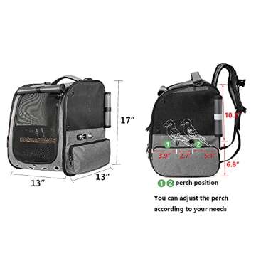 Bird Carrier Backpack Travel Parrot Bag Cage with Perch Stand for Parakeets Cockatiels Birdcage Vet Car Airlines Airplane Plane Approved Mesh Breathable Lightweight Conure Finches Outside (Grey)