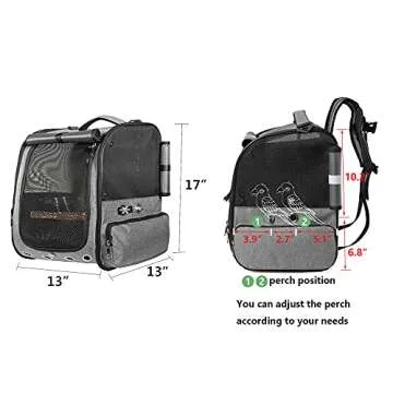 Bird Carrier Backpack Travel Parrot Bag Cage with Perch Stand for Parakeets Cockatiels Birdcage Vet Car Airlines Airplane Plane Approved Mesh Breathable Lightweight Conure Finches Outside (Grey)