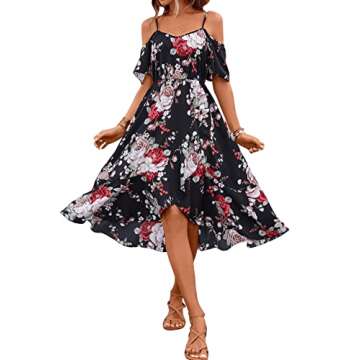 Floerns Women's Floral Print Cold Shoulder Short Sleeve Wrap Hem A Line Midi Dress Black S