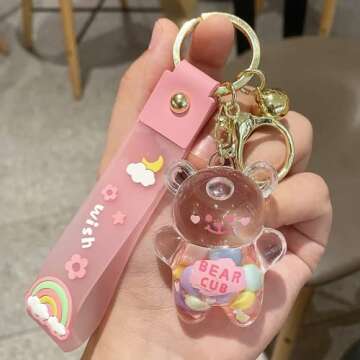 WIMETI Kawaii Keychain Bear Liquid Floating Quicksand Cute Keychains Bag Charm Wristlet Bracelet Key...