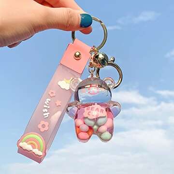 WIMETI Kawaii Keychain Bear Liquid Floating Quicksand Cute Keychains Bag Charm Wristlet Bracelet Key Ring for Women Girl (Pink)