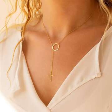 HERIER Cross Necklace for Women Dainty Gold Lariat Necklace 14k Gold Plated Simple Choker Necklaces ...