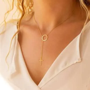 HERIER Cross Necklace for Women Dainty Gold Lariat Necklace 14k Gold Plated Simple Choker Necklaces ...