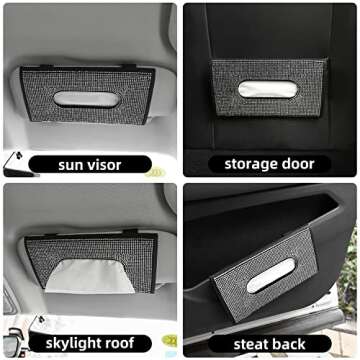 ChuLian Bling Bling Car Visor Tissue Holder Leather Crystals Paper Towel Cover Case & Glitter Sunglasses Clip for Women Black Diamond