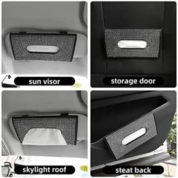 ChuLian Bling Bling Car Visor Tissue Holder Leather Crystals Paper Towel Cover Case & Glitter Sunglasses Clip for Women Black Diamond