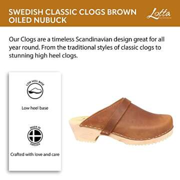 Lotta From Stockholm Swedish Classic Clog Mule for Women | Low Heel Slip-on Wooden Clogs Handmade in Sweden from Alder Wood Base and Oiled Nubuck Leather | Brown Size US 5.5 EUR 36