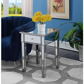 Convenience Concepts Gold Coast Mirrored End Table with Drawer, Antique Silver / Mirror
