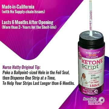 Nurse Hatty - 150 Ketone Test Strips w Built-in Color Chart – Free Keto Guide eBook & Free App - Made-in-The-USA - Urine Test for Ketogenic, Ketosis, Low Carb, Atkins & Paleo Diets - Extra Long Strips