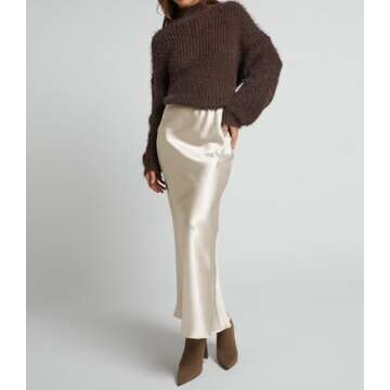 Amy Babe Women's Satin Silky High Waist Maxi Skirt Elegant Elastic Waistband A Line Long Skirts (Zip...