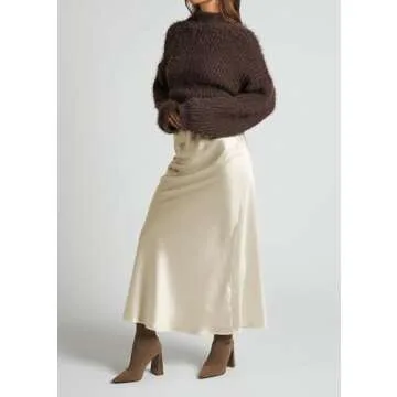 Amy Babe Women's Satin Silky High Waist Maxi Skirt Elegant Elastic Waistband A Line Long Skirts (Zip Champagne, Small)