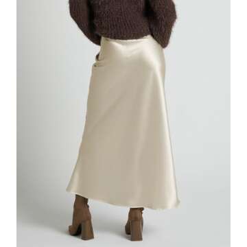 Amy Babe Women's Satin Silky High Waist Maxi Skirt Elegant Elastic Waistband A Line Long Skirts (Zip Champagne, Small)