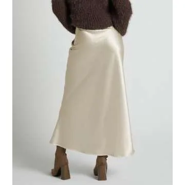 Amy Babe Women's Satin Silky High Waist Maxi Skirt Elegant Elastic Waistband A Line Long Skirts (Zip Champagne, Small)