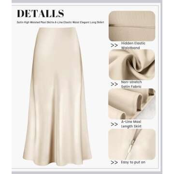 Amy Babe Women's Satin Silky High Waist Maxi Skirt Elegant Elastic Waistband A Line Long Skirts (Zip Champagne, Small)
