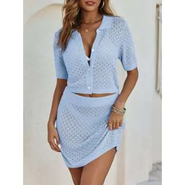 Saodimallsu Women 2 Piece Cover Up Set Crochet Beach Summer Knit Button Short Sleeve Crop Top Mini Skirt Sets Sky Blue