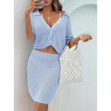 Saodimallsu Women 2 Piece Cover Up Set Crochet Beach Summer Knit Button Short Sleeve Crop Top Mini Skirt Sets Sky Blue