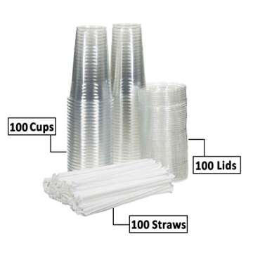 SafeWare Clear Disposable Plastic Cups 20oz with Flat Lids and Straws, Togo Disposable Iced Coffee C...