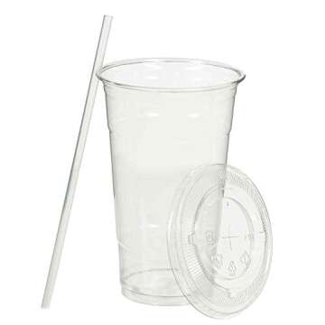 SafeWare Clear Disposable Plastic Cups 20oz with Flat Lids and Straws, Togo Disposable Iced Coffee Cups - Ideal for Party, Outdoor Picnic, BBQ, House Party, Restaurant Quality - 100 Sets