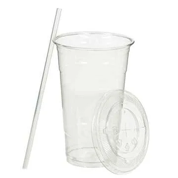 SafeWare Clear Disposable Plastic Cups 20oz with Flat Lids and Straws, Togo Disposable Iced Coffee Cups - Ideal for Party, Outdoor Picnic, BBQ, House Party, Restaurant Quality - 100 Sets