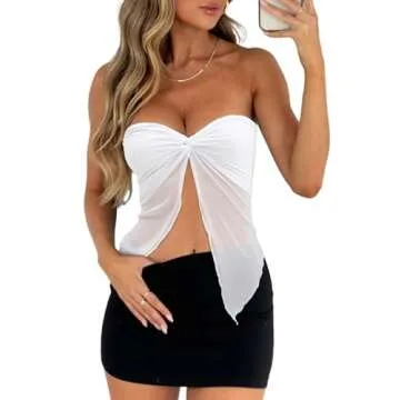 CSDAJIO Women's Sheer Mesh Twist Split Front Asymmetrical Tube Top Strapless Bandeau Crop Top Backless Shirt White Small
