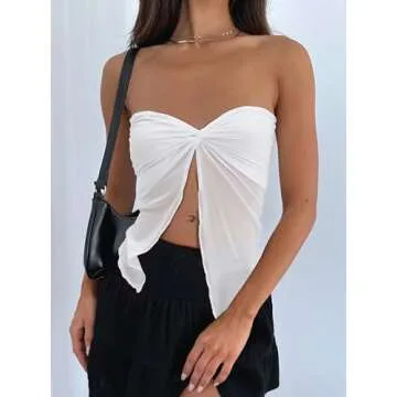 CSDAJIO Women's Sheer Mesh Twist Split Front Asymmetrical Tube Top Strapless Bandeau Crop Top Backless Shirt White Small