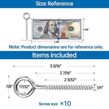 Muzata 10 Pack Heavy Duty 3.3 Inch Stainless Steel Eye Hooks - Secure Cables & More