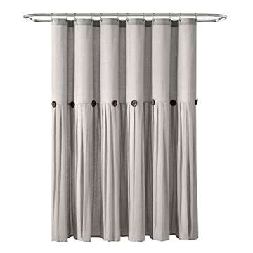 Lush Decor Linen Button Shower Curtain, 72" W x 72" L, Gray - Rustic Shower Curtain - Color Block Bath Curtain With Coconut Button Detail- Country & Modern Farmhouse Bathroom Decor