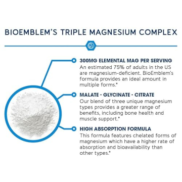 BioEmblem Triple Magnesium Complex | 300mg of Magnesium Glycinate, Malate, & Citrate for Muscles, Nerves, & Energy | High Absorption | Vegan, Non-GMO | 90 Capsules