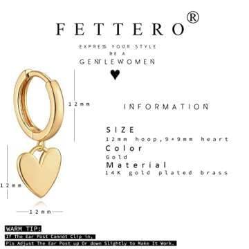 FETTERO Gold Plated Hoop Dangle Earrings Lightweight Drop Huggie Hoop Earrings for Women Hypoallergenic Earrings Dainty Wear - Heart Hoops