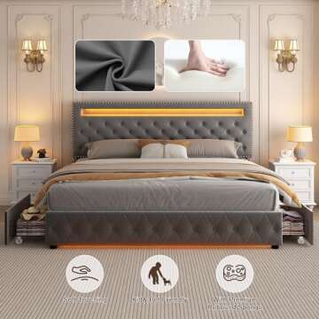 Queen Led Bed Frame with 4 Storage Drawers, with Smart Control RGBW LED Lights Headboard Footboard, Control DIY Color, Box Spring Optional, Velvet Grey