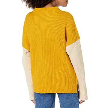 Cable Stitch Women's Oversized Colorblock Sweater - Mock Neck Rib-Knit Drop Shoulder Long Sleeve Pullover Top (Medium, Cream/Sand/Marigold)