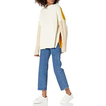 Cable Stitch Women's Oversized Colorblock Sweater - Mock Neck Rib-Knit Drop Shoulder Long Sleeve Pullover Top (Medium, Cream/Sand/Marigold)