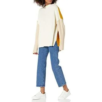 Cable Stitch Women's Oversized Colorblock Sweater - Mock Neck Rib-Knit Drop Shoulder Long Sleeve Pullover Top (Medium, Cream/Sand/Marigold)
