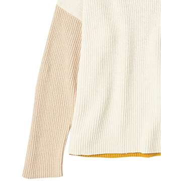 Cable Stitch Women's Oversized Colorblock Sweater - Mock Neck Rib-Knit Drop Shoulder Long Sleeve Pullover Top (Medium, Cream/Sand/Marigold)