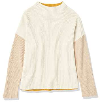 Cable Stitch Women's Oversized Colorblock Sweater - Mock Neck Rib-Knit Drop Shoulder Long Sleeve Pullover Top (Medium, Cream/Sand/Marigold)